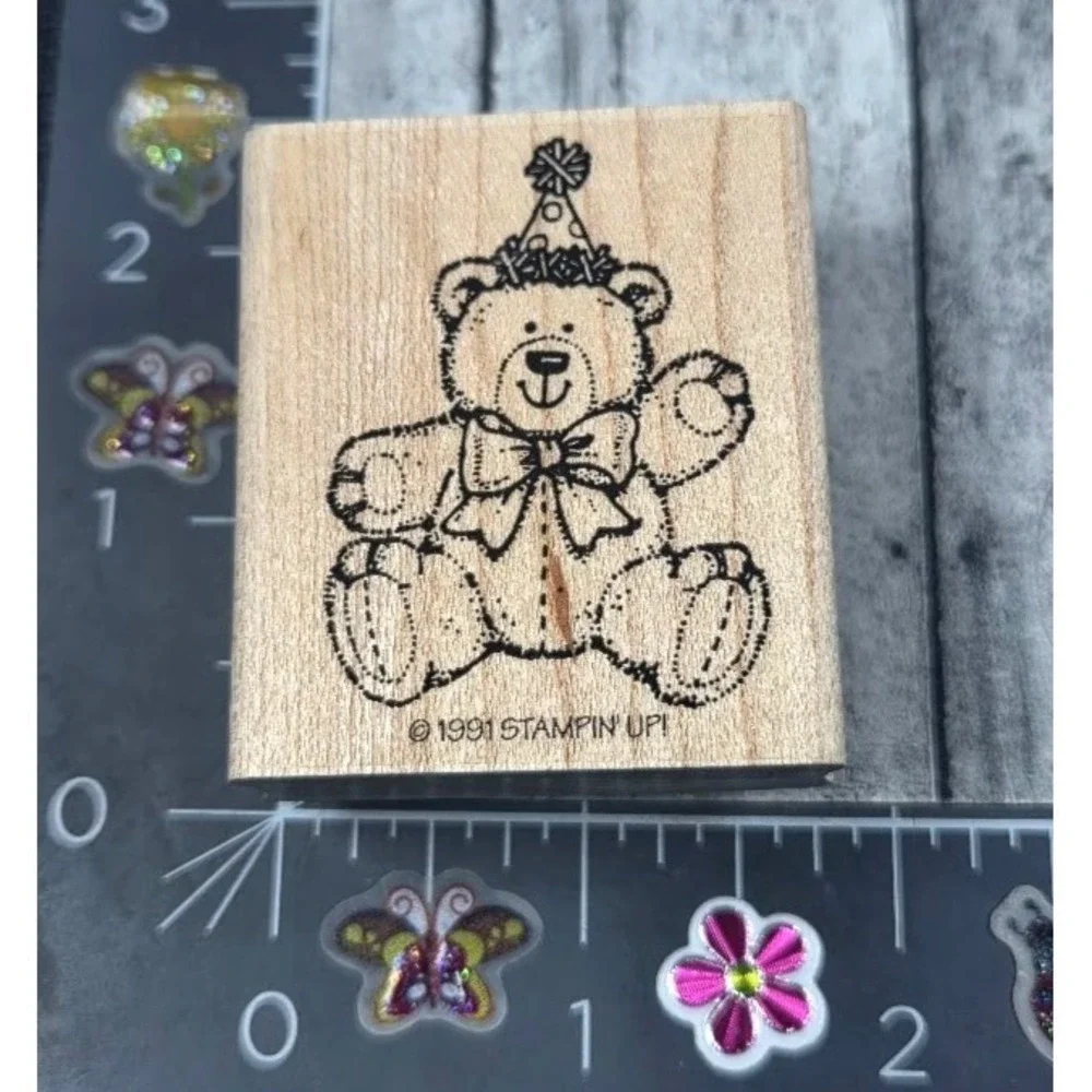 Stampin' Up! Party Hat Teddy Bear Bow Stitched 1991 Rubber Stamp Wood #G50